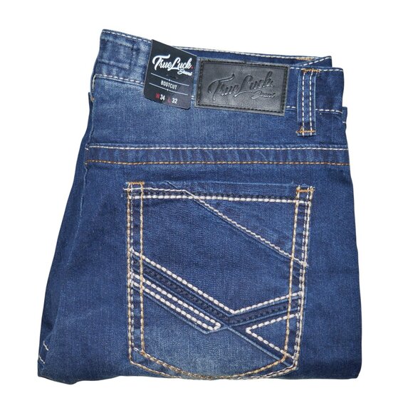 True Luck Men's Bootcut Jeans Size 34x32 Embroidered Stitched Medium Wash BKE - Picture 6 of 8